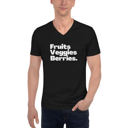 Unisex Short Sleeve V-Neck T-Shirt - Fruits Veggies Berries